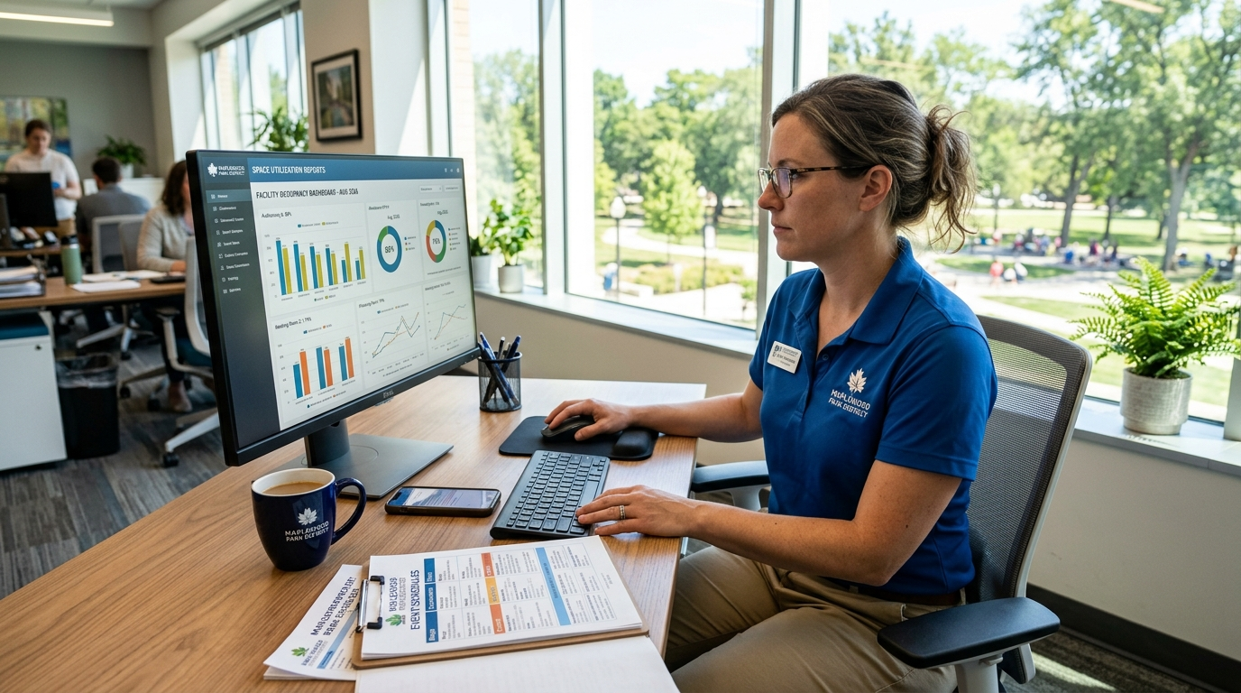 Park district facility coordinator reviewing space utilization reports and schedules on a desktop screen
