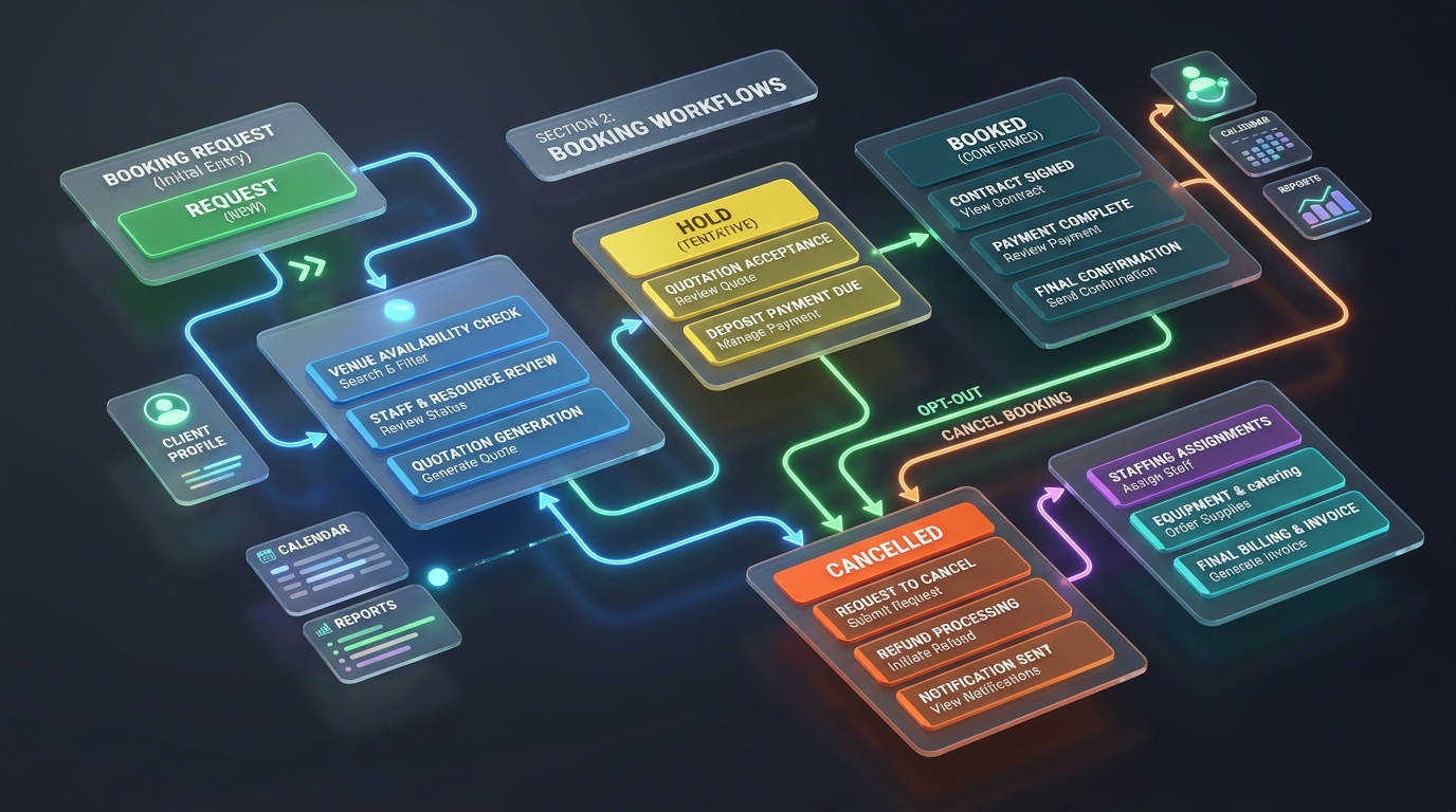 D interactive glass interface visualising connected venue booking states including Hold, Request, Booked, and Cancelled