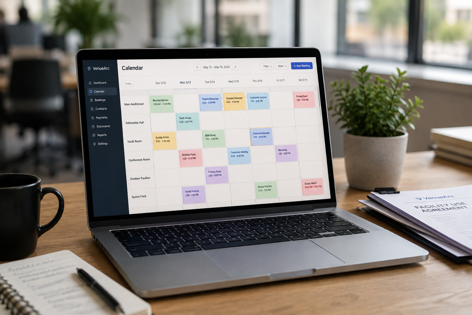 A venue calendar is a scheduling system that manages reservations, availability, approvals, and booking workflows