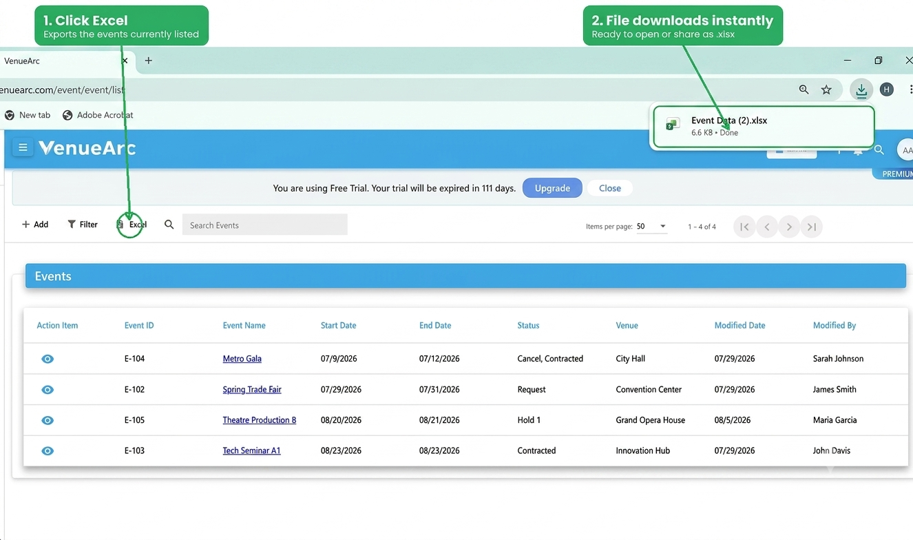 Excel - export the current list in one click