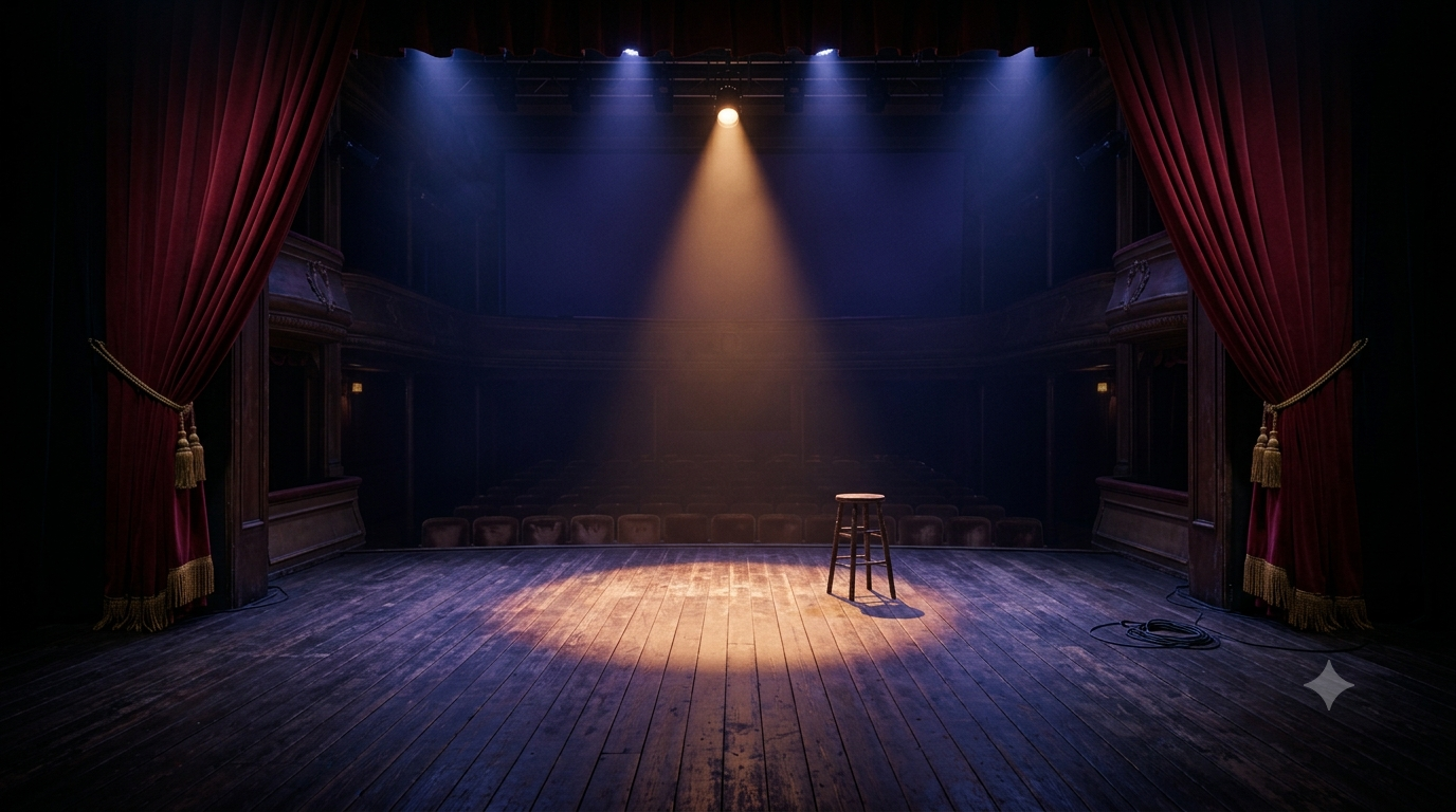Community theatre stage with dramatic lighting and seats.