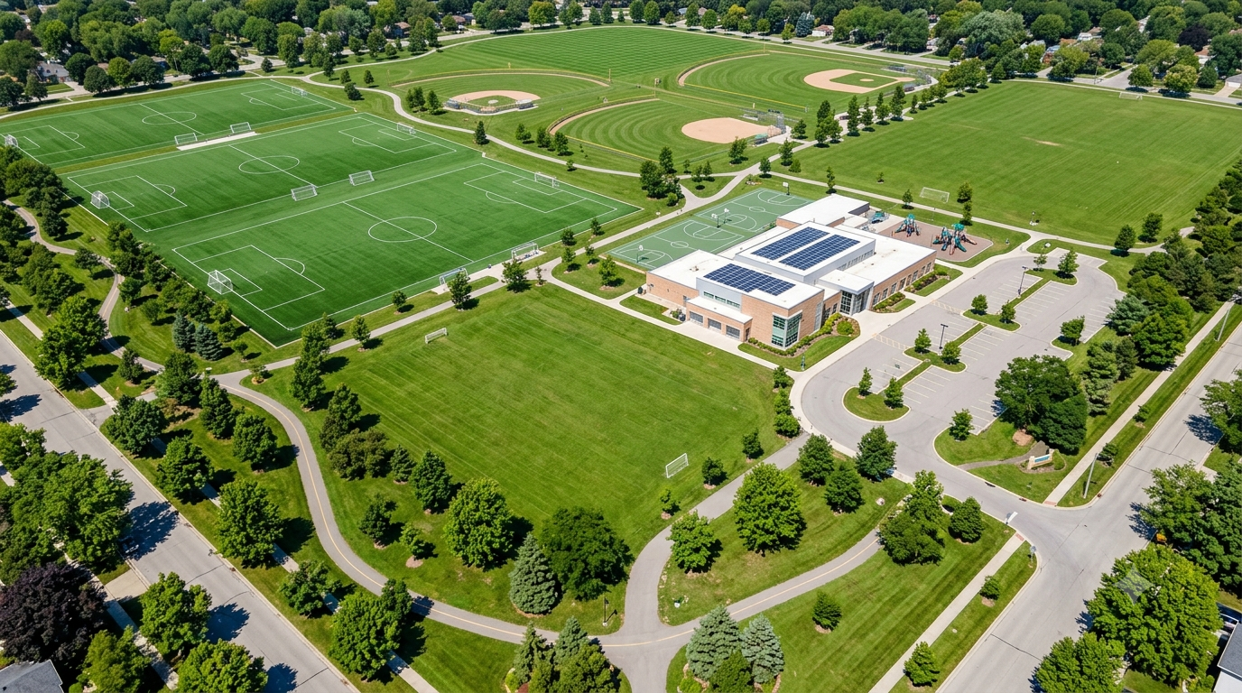 Park district sports field and facilities at sunset.