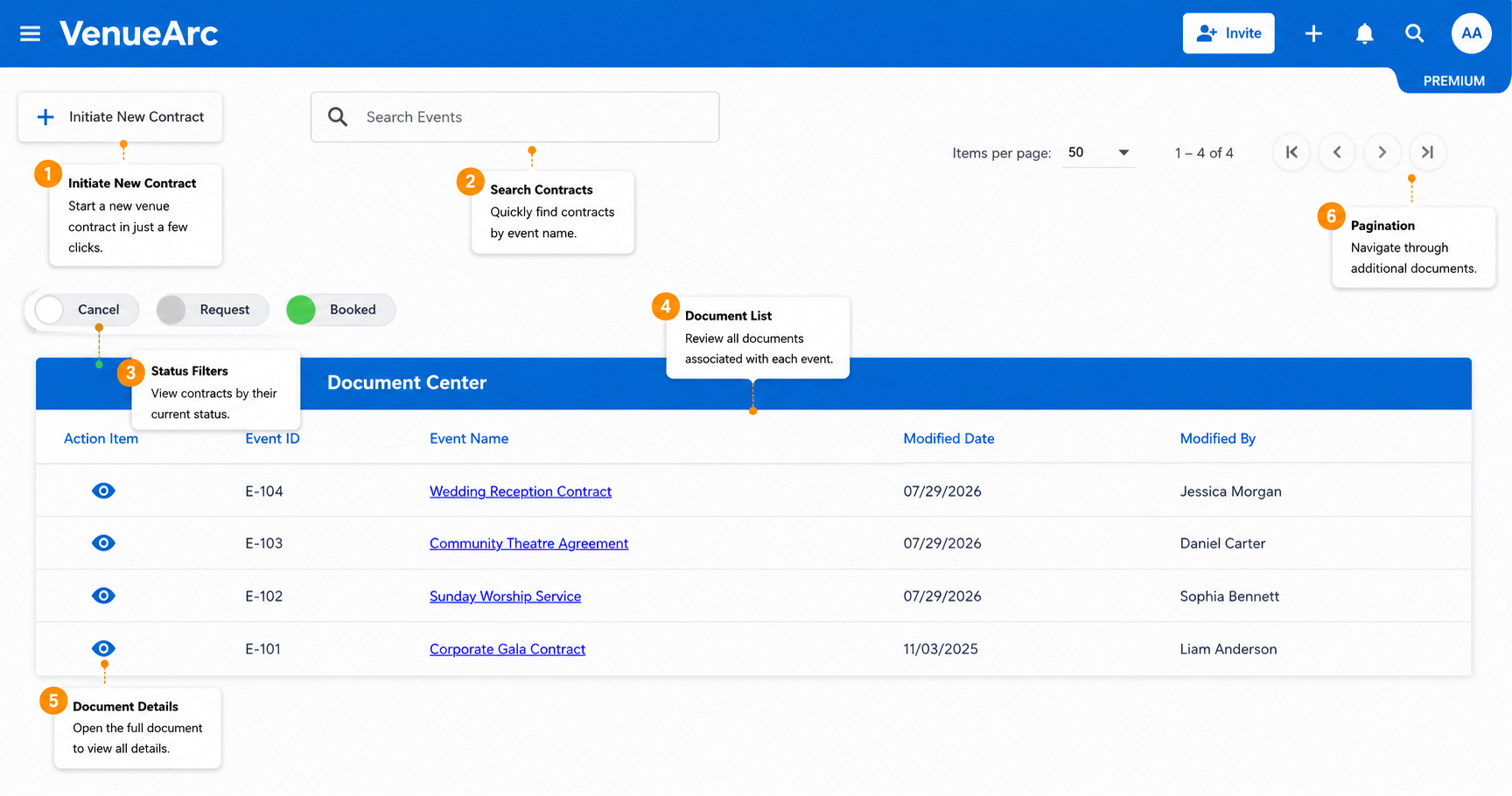 VenueArc contract management screen with highlighted workflow points