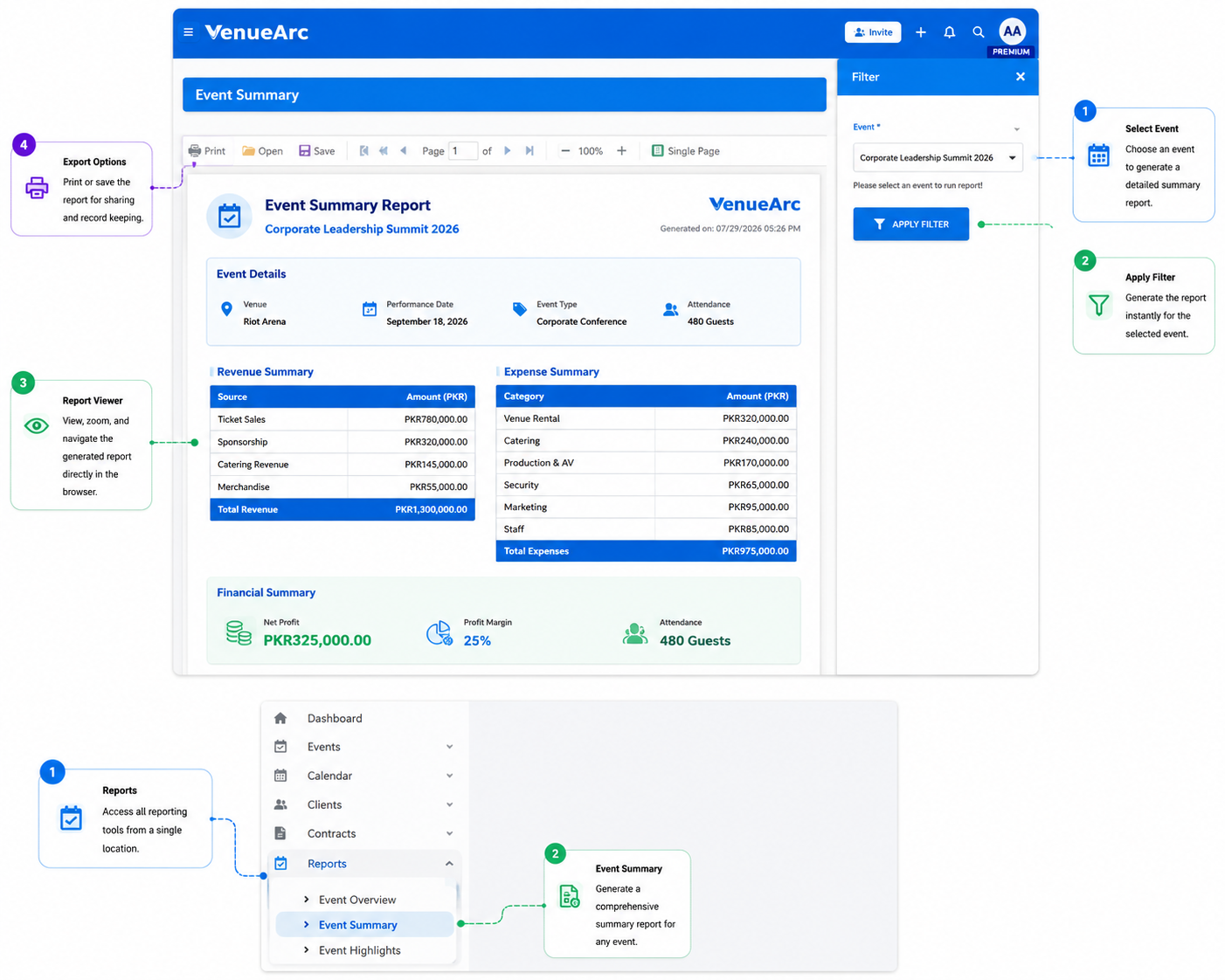 VenueArc reporting interface walkthrough